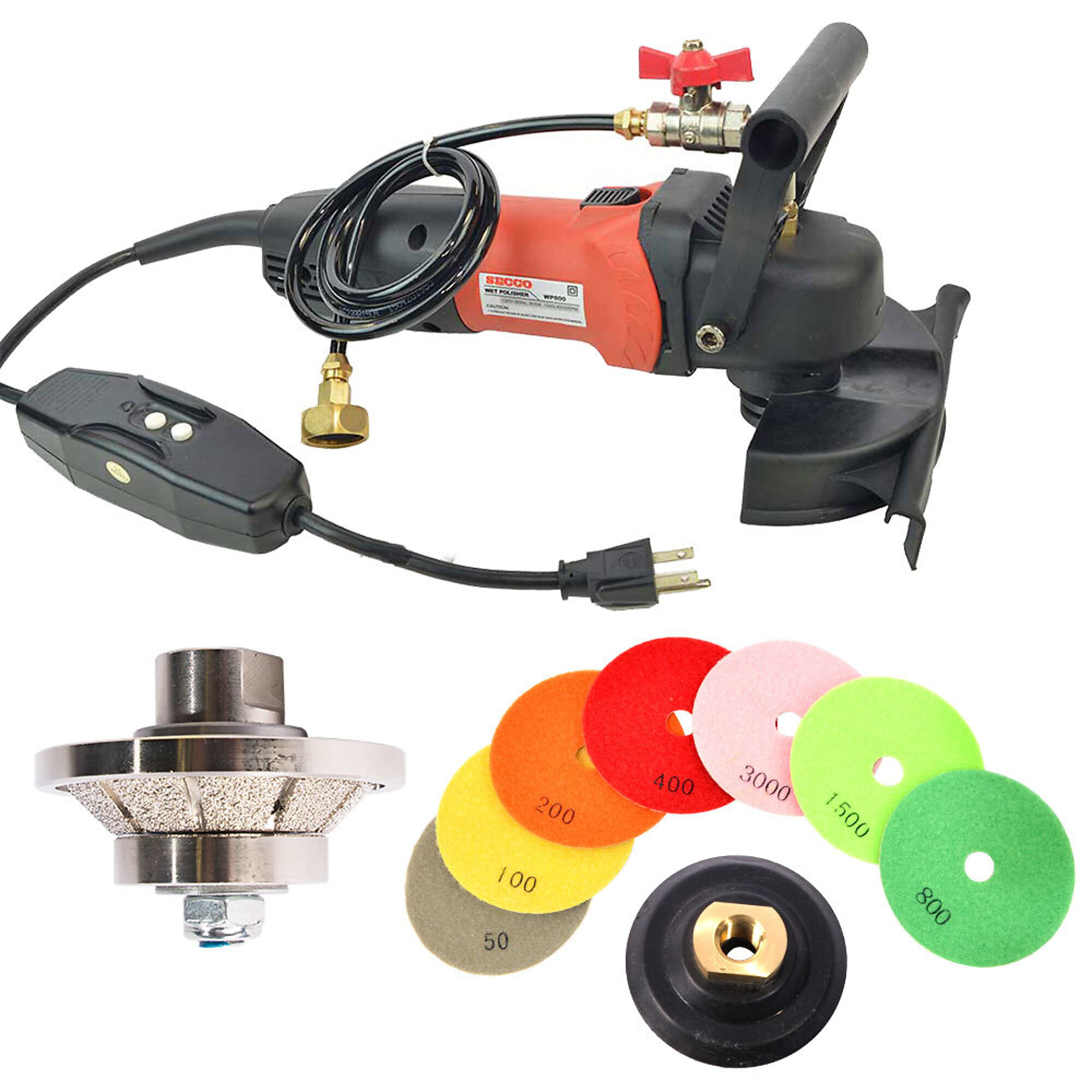 Hardin 38BWVPOLSET 45° 3/8 Inch Diamond Profile Wheel, WP800 4 Inch Var Speed Polisher and 8 pc 4 Inch Diamond Polishing Pad Set